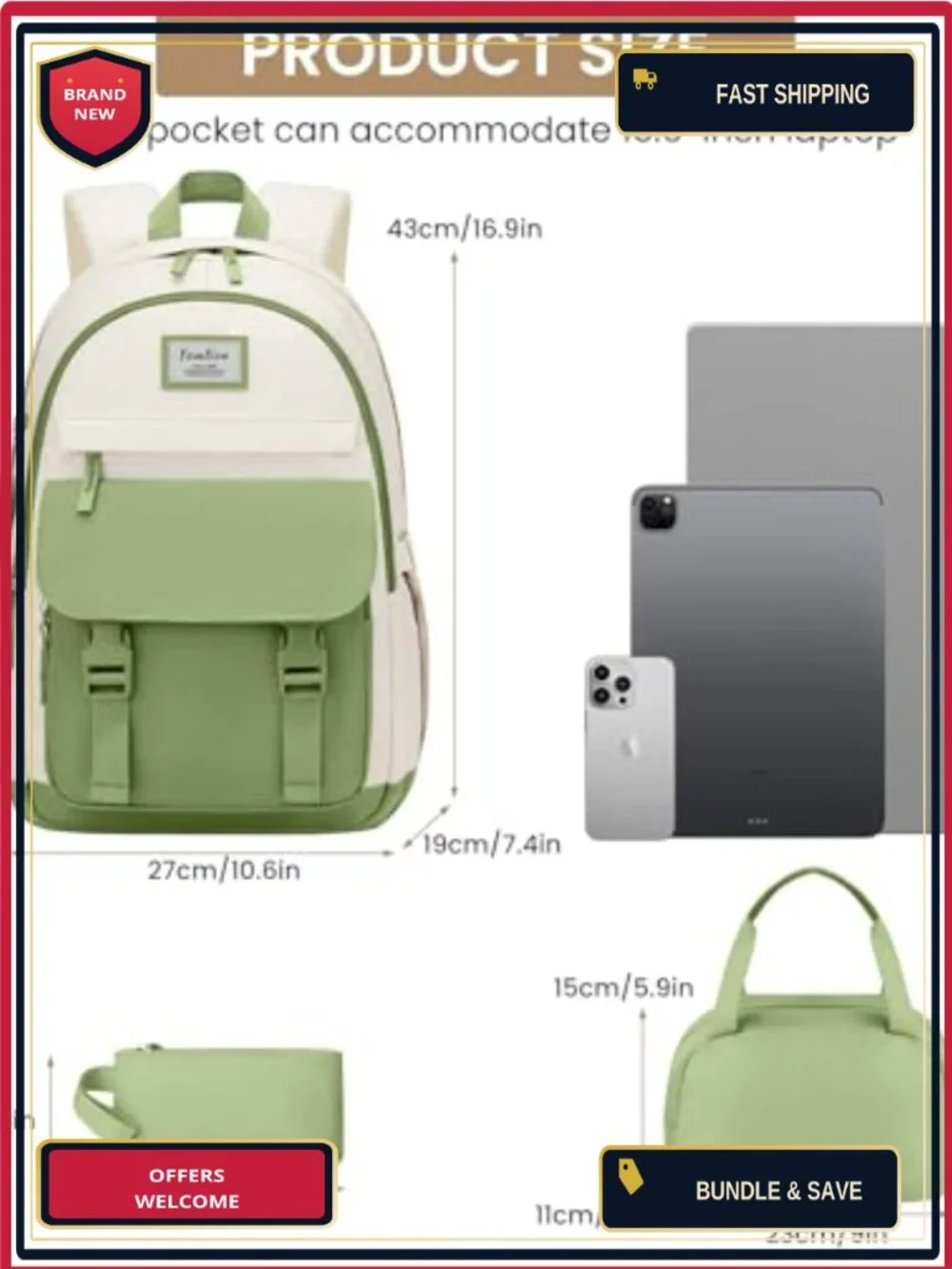 3-Piece 15.6 Inch Waterproof Laptop Backpack Set with Lunch Bag and Pencil Case